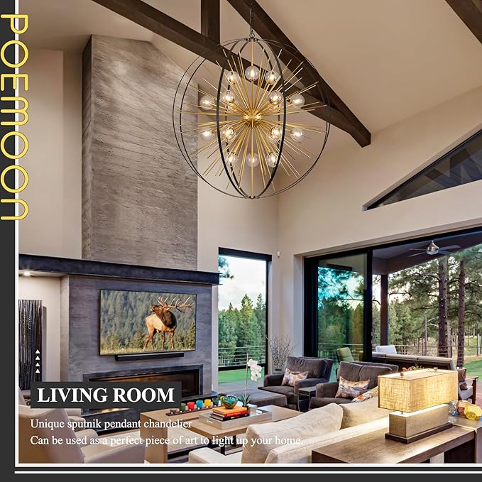 43.2" Extra Large Modern Black Gold Sputnik Chandelier Mid Century 18 Lights Tall Ceiling Firework Globe Pendant Light with Smoke Class Lampshades for Foyer Staircase Entryway Living Room