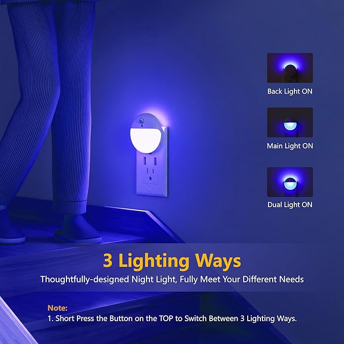 2 Pack Plug in Night Light, Dusk to Dawn, 3 Lighting Ways, Stepless Dimming, Auto On/Off Light Sensor, Blue LED Nightlight for Bathroom, Hallway, Stairs, Bedroom, Kitchen, Kids