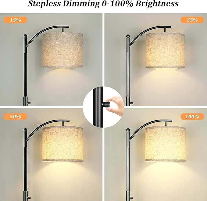 ROTTOGOON Dimmable Floor Lamp, Arc Floor Lamps for Living Room, Stepless Dimming Modern Standing Lamp with Linen Shade, Tall Lamp for Bedroom Office Dining Room- Black