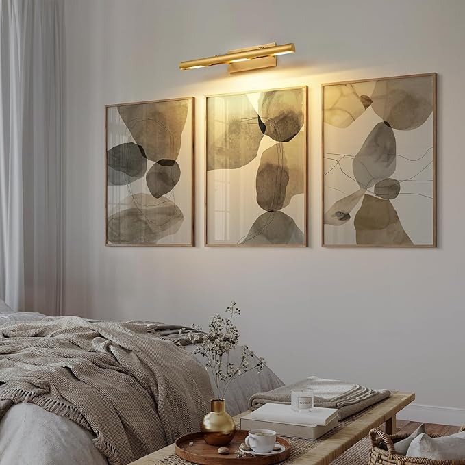 Art Picture Frame Wall Light: 24" Glod Dimmable Vintage Artwork Brass Painting Spotlight - Hardwired Swing Arm Rotatable 3 Lights over Picture - Linear Accent Lighting above Photo for Gallery Bookcase