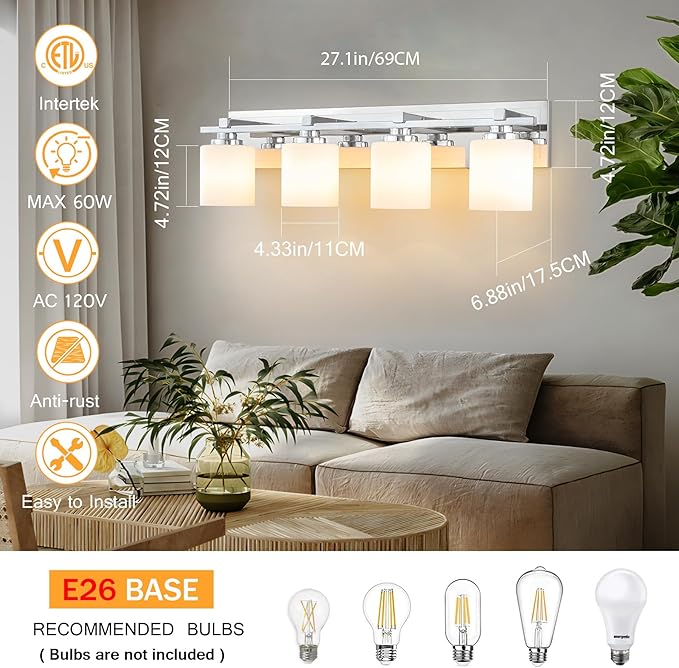 4 Light Modern Bathroom Light Fixtures Over Mirror, Chrome Vanity Lights for Bathroom Wall Sconces with Milky White Glass Shades, E26 Socket (Bulbs Not Included)