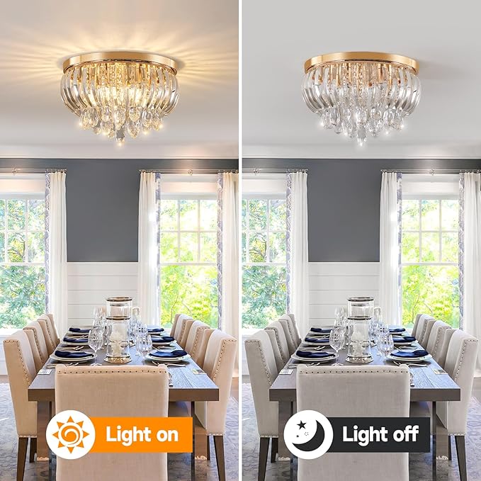 15.7 Inch Crystal Chandelier Gold,Modern 5-Lights Crystal Flush Mount LED K9 Chandeliers Light Fixture for Bedroom Dining Living Room Hallway E12