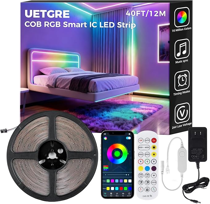 RGB Smart IC COB LED Strip Lights, 40FT Smart LED Light Strip with App & Remote Control, 16M Colors Music Sync, Dimmable for Bedroom, Kitchen, TV Backlight, Gaming Room Decor （1 Roll）