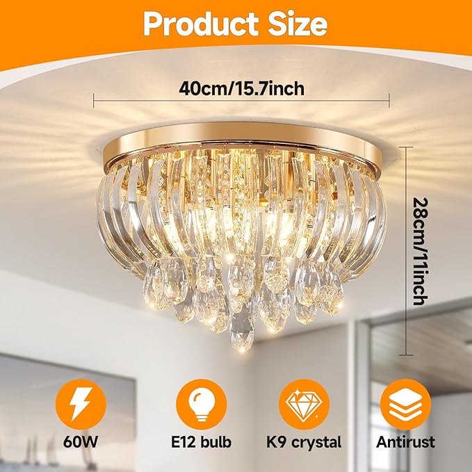 15.7 Inch Crystal Chandelier Gold,Modern 5-Lights Crystal Flush Mount LED K9 Chandeliers Light Fixture for Bedroom Dining Living Room Hallway E12