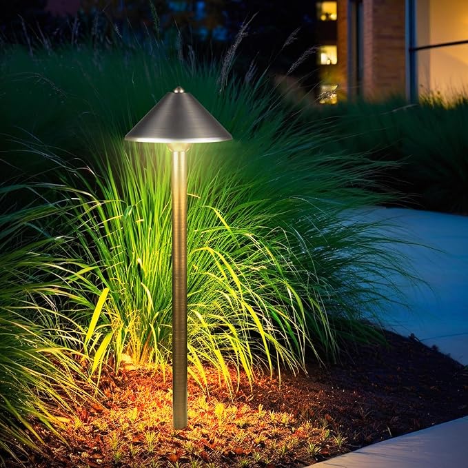 DOSHINE® Solid Brass Low Voltage Landscape Lighting Pathway Lights (7" Shade, 22" Tall) with Replaceable 3W G4 LED Bulb 3000K AC/DC 12V and Ground Stake for Outdoor Walkway Driveway (UMB,6-Pack)