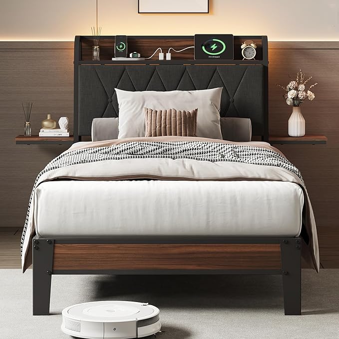 WLIVE Twin Bed Frames with Headboard, Upholstered Bed Frame with 2 Storage Shelves, Platform Bed with LED Lights and Charging Station, 600LBS Mattress Foundation, No Box Spring Needed, Black