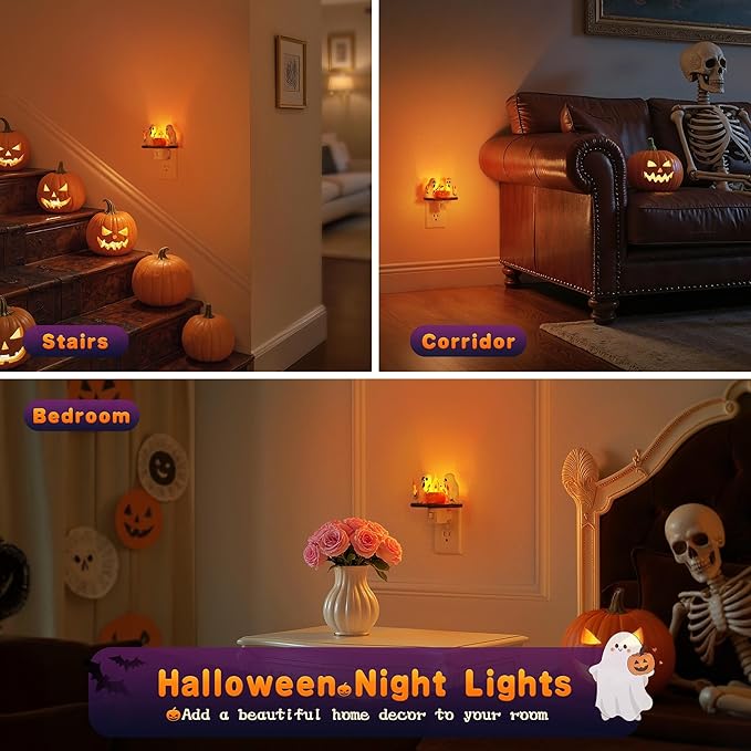 Halloween Night Light,Amber Night Lights Plug into Wall,Cute & Funny Flaming Jumping Night Light,Plug in Ghost & Pumpkin Nightlight with 360° Rotatable for Kids Halloween Party Decor, 1 Pack