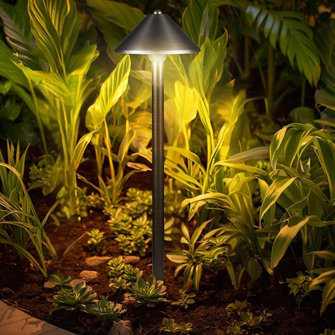 DOSHINE® Solid Brass Low Voltage Landscape Lighting Pathway Lights (7" Shade, 22" Tall) with Replaceable 3W G4 LED Bulb 3000K AC/DC 12V and Ground Stake for Outdoor Walkway Driveway (UMB,4-Pack)