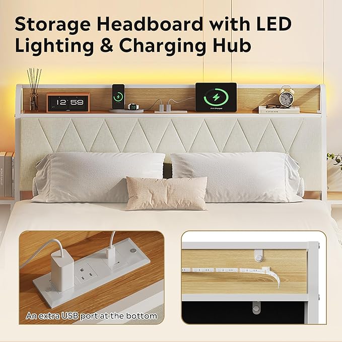 WLIVE Queen Bed Frame with Headboard, Upholstered Bed Frame with 2 Storage Shelves, Platform Bed with LED Lights and Charging Station, 1500LBS Mattress Foundation, No Box Spring Needed, Beige