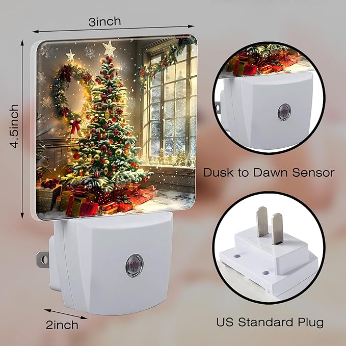 Christma Room Full of Gifts Night Light, Christmas Tree with Red and Gold Ornaments Dusk to Dawn Night Light Plug in, 0.5w Energy Saving Sleep Friendly NightLight for Kids Boys Girls Home Decor