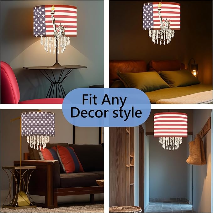 Patriotic Fabric Lamp Shade with Acrylic Bead Droplets, American Flag & Statue of Liberty, Drum Light Shade for Ceiling Pendant Table or Floor Lamps, 4th of July Decor, Military Gifts, 11.8in
