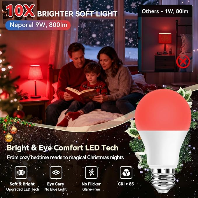 Neporal 625nm Red Light Bulb for Sleep, 100% Blue Light Blocking Bulb for Melatonin Promoting, A19 LED 9W 60W Equivalent Dim Red Night Bulb for Baby Nursery, Sleeping, Reading, Bedroom 1-Pack