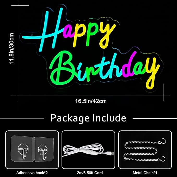 Mornajina 16.5'' x 11.8'' Happy Birthday Neon Sign for Backdrop Wall Decor USB Powered, Happy Birthday Led Sign for Backdrop Light up Sign Dimmable Neon Light for Birthday Party Decoration (Colorful)