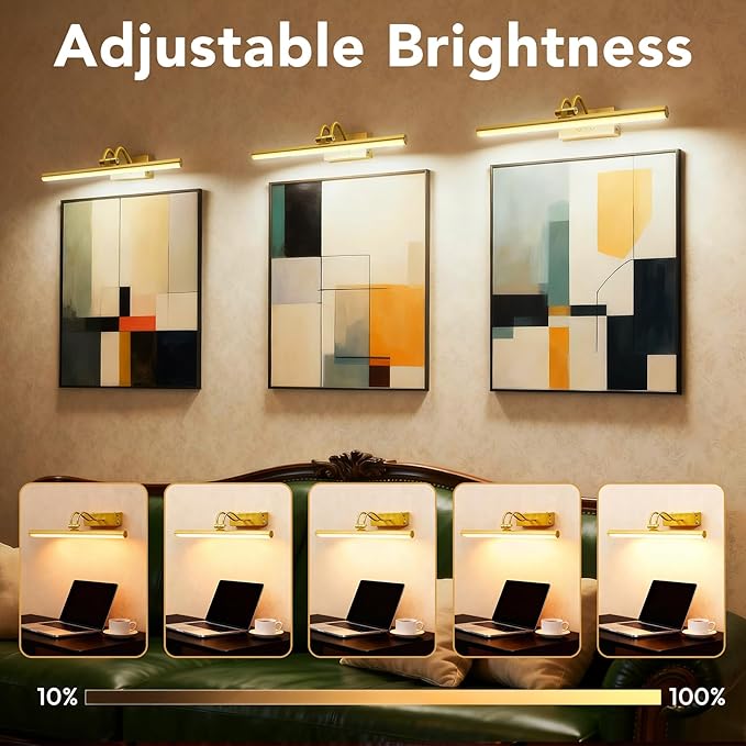 Picture Light,Picture Lights for Wall Cordless,16" Picture Lights with Timer and Dimmable,Battery Wall Lights for Display Gallery Painting Art Frame Portrait-Plated Gold