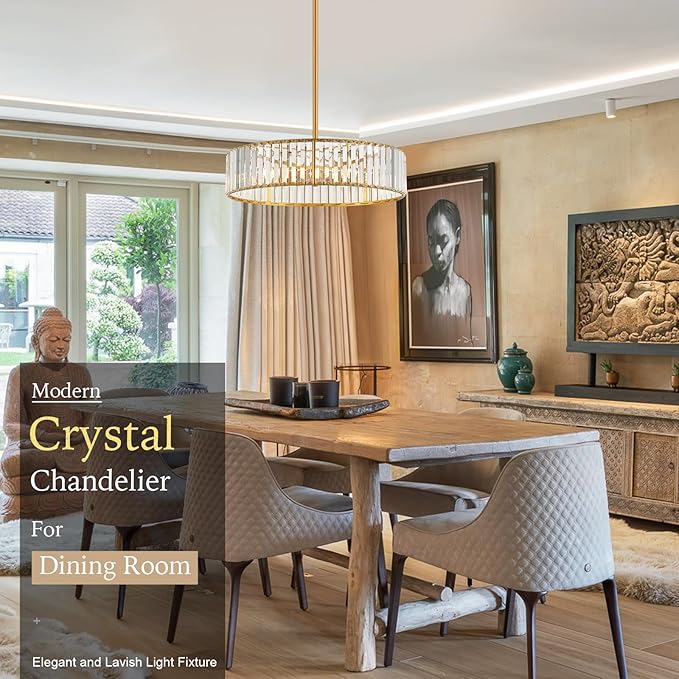 Modern Crystal Gold Chandelier for Dining Room,19.7 inch Semi Flush Mount Ceiling Dining Room Light Fixture with E12 Base*6,Round Pendant Lighting for Bedroom Hallway Bathroom Foyer Kitchen