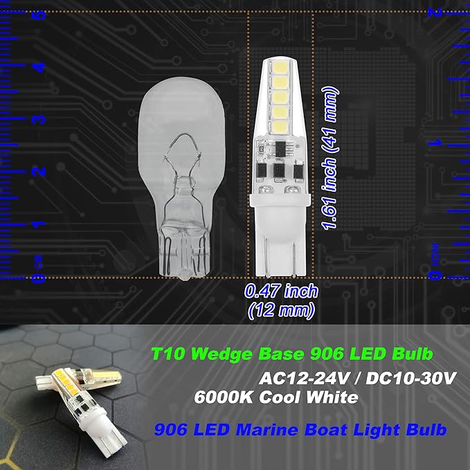 T10 Wedge Base 906 LED Marine Boat Light Bulb AC/DC 12V-24V 6000K Cool White Replacement All-Round Mast Masthead Anchor Stern Navigation Lights for Kayak Sailboat Pontoon Boat, 4 Pack