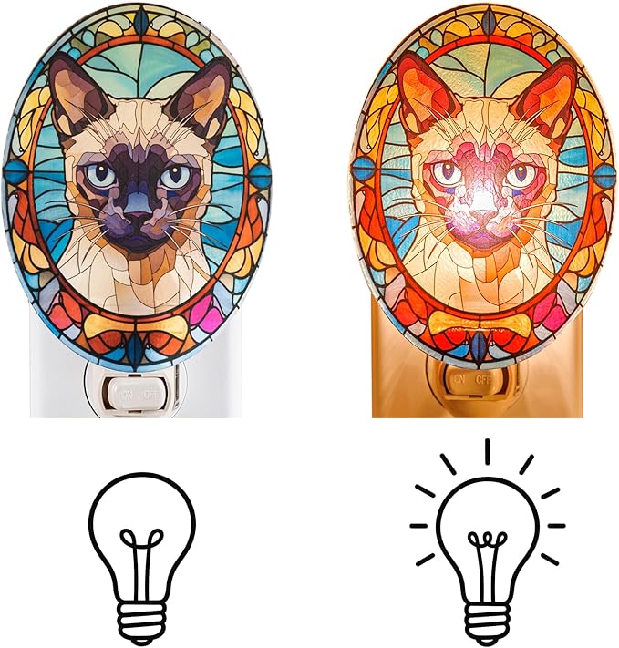 Siamese Cat Stained Glass Styled Night Light, Real Glass Plug-in Night Light with Vertical Outlet and On/Off Switch for Bedroom Gift for Siamese Owners