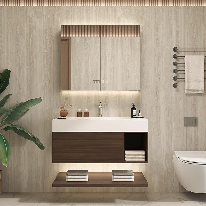 24" Modern Floating Bathroom Vanity Set with Sink, LED Smart Mirror Cabinet, Soft-Close Drawer and Open Storage Shelves, Walnut