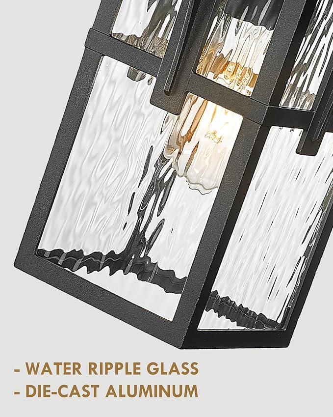 Outdoor Light Fixtures Wall Mount, HWH Outdoor Wall Lantern with Water Ripple Glass, 1-Light Porch Light in Matte Black Finish, Patio Balcony Indoor, 5HX62B-SW BK