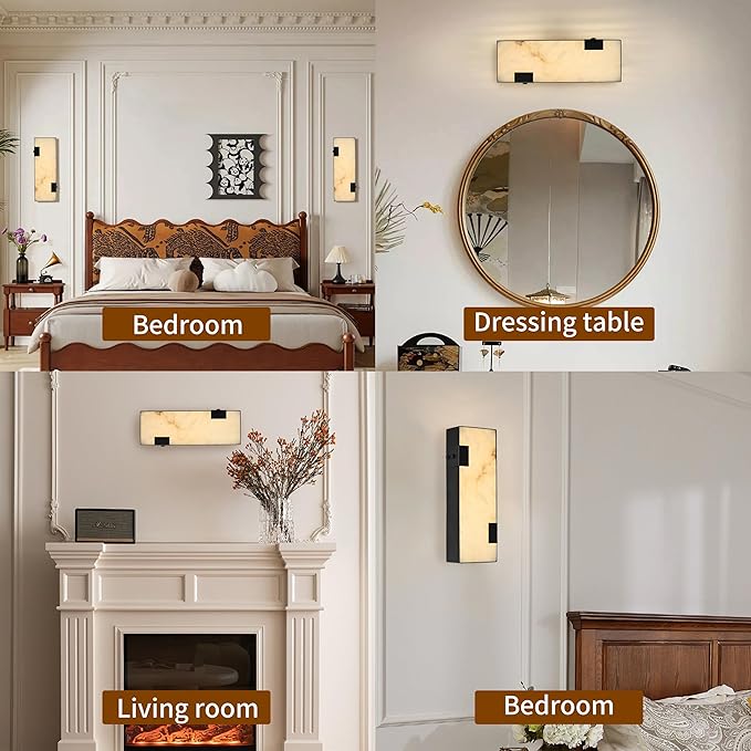 Modern Alabaster Wall Sconce 14.17” Black Frame with Natural Marble Shade Dimmable 3000K Warm Glow Light for Bedroom Hallway Fireplace Staircase