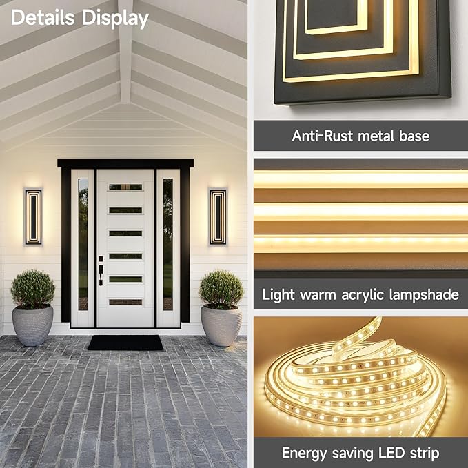 23.6 in Long Outdoor Wall Lights,3-Tier Large Exterior Lighting Fixtures,LED Front Porch Lights,Waterproof Outdoor Garage Lights 36W Warm White 3000K Modern Acrylic Wall Sconce,2 Pack