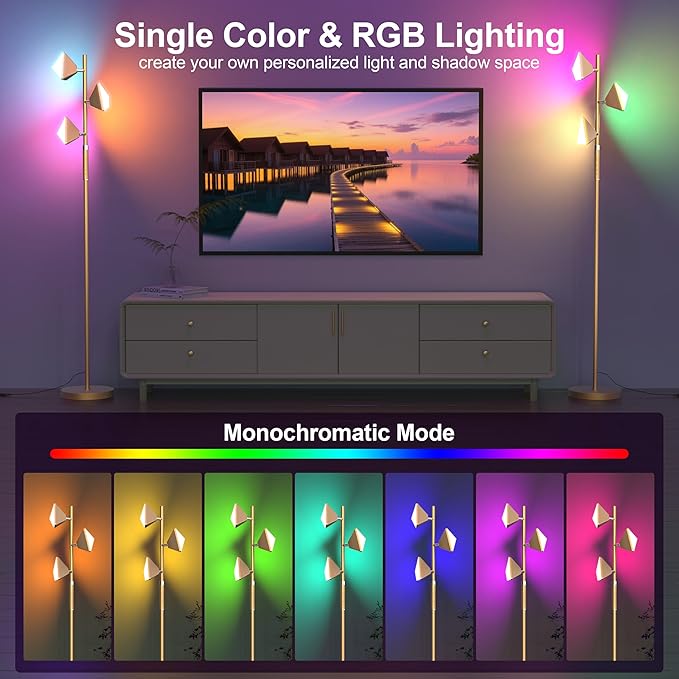 PARTPHONER RGB Tree Floor Lamp for Living Room, Stepless Dimmable Tall Standing Lamp with Remote, Touch Control and 3 Rotatable Light, Bright LED Lights for Bedroom with 4 Color-Changing, Gold
