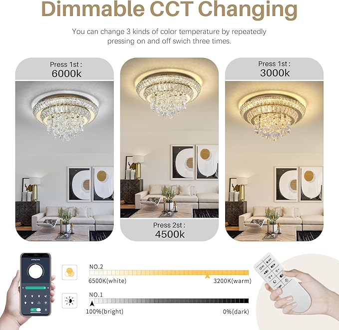 18 inch Flush Mount Crystal Chandeliers with Remote and App Gold, Modern Elegant LED Crystal Raindrop Ceiling Light Fixture, 3CCT Dimmable, for Living Room Kitchen Island Bedroom Entryway Foyer