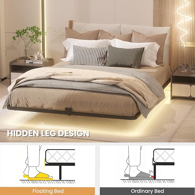King Size Floating Bed Frame with Smart LED Lights, Heavy Duty Metal Platform Floating Bed Frame, No Box Spring Needed, Easy Assembly, Noise Free