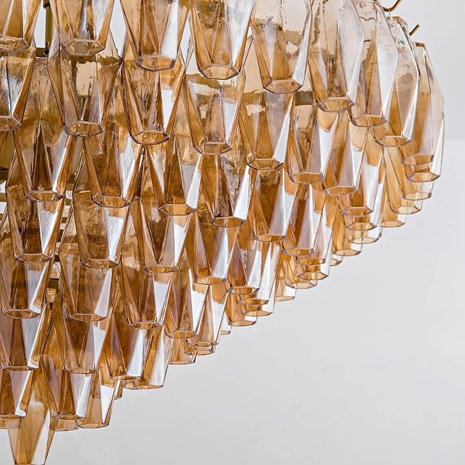 37" Extra Large Chandelier, 14-Light Gold Modern Round Chandelier for Living Room, Tiered Smoke Blown Glass Brass Chandeliers, Hanging Light Fixture for Bedroom, Dining Room, Foyer, Entryway