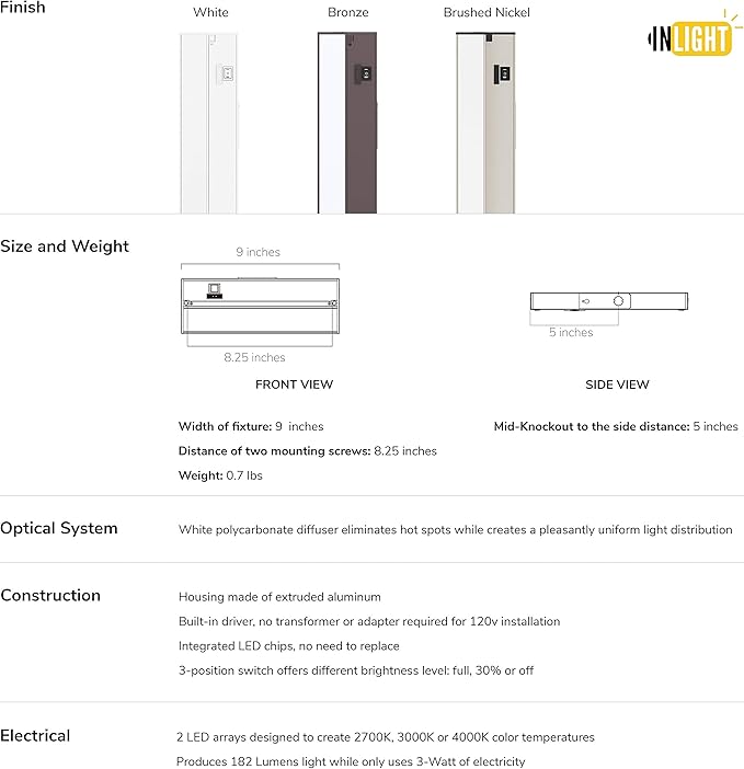 Getinlight 9-inch 3 Color Levels LED Under Cabinet Lighting, Hardwired or Plugged-in, Selectable 2700K/3000K/4000K, Dimmable, White Finished, IN-0210-0