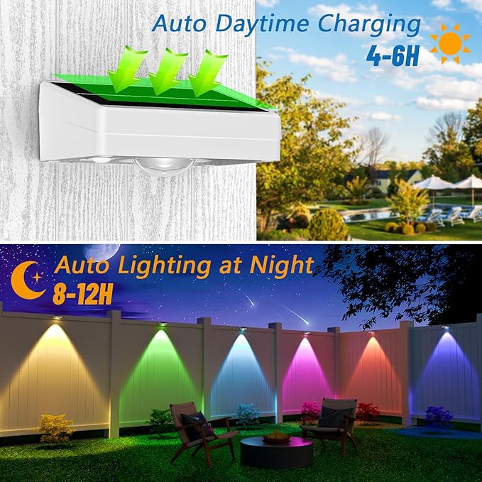 NIORSUN Solar Fence Lights Outdoor Waterproof,Warm & Cool White RGB，8 Pack LED Spot Lens Deck Lights 9 Mode，Solar Powered Wall Lighting Decor for Outside Patio Step Backyard Railing Pool White