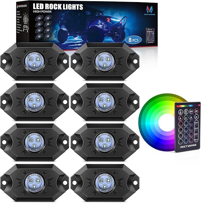 MICTUNING 2025 Upgraded RGB Rock Lights Kit, 8 Pods Underglow Multicolor Neon Light Pod with RF Remote Control Waterproof 12V for Car Trucks ATV UTV RZR SUV Golf Cart, 2 Years Warranty