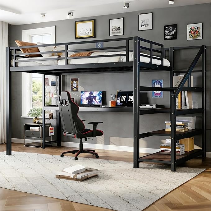 Bellemave Twin XL Loft Bed with Desk & Storage Stairs, Metal Twin XL Loft Bed Frame with Iron Nets, LED Lights & USB Ports, Heavy Duty Adult Loft Beds for Kids, Teens, Adults, Noise-Free, Black