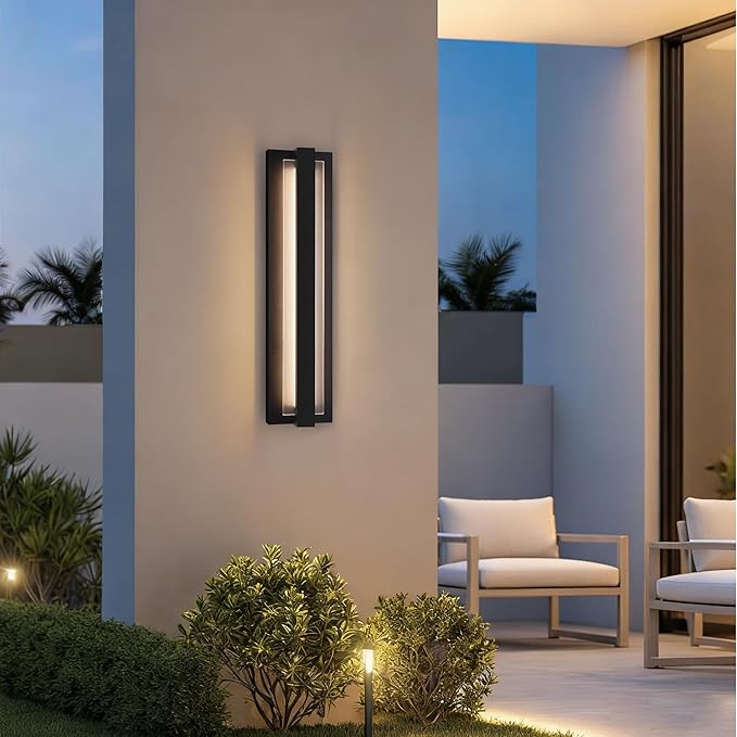 LamQee 23.6" Aluminum Long Outdoor Modern LED Wall Lights with Ribbed Glass, 2900K 2000LM Linear Exterior Lighting Fixture Wall Mount, IP65 Waterproof Black Outside Sconce for House Porch Garage Patio