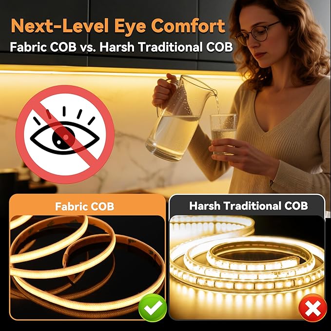 39.37in USB Fabric COB LED Strip, 3000K Warm White Soft Diffused Light, Anti-Glare Eye-Comfort, Flexible Cuttable Under Cabinet & Bedroom Accent Lighting
