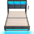 Rolanstar Twin Size Bed Frame with LED Lights and Charging Station, Upholstered Headboard with 2-Tier Storage Shelves, Heavy Duty Metal Frame, Noise-Free Support, Easy Assembly, No Box Spring Needed