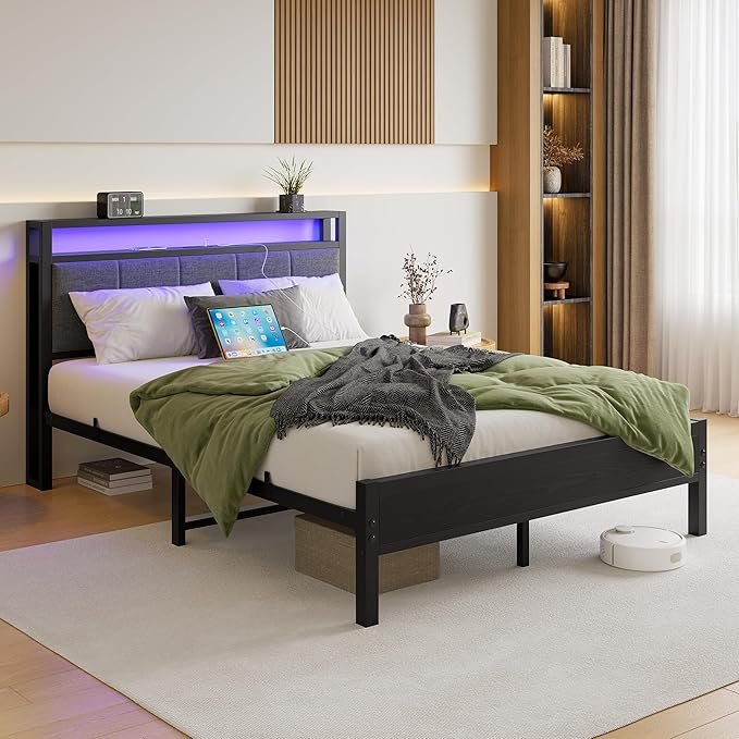 Queen Bed Frame with Headboard Storage,Upholstered Platform Bed Frame Queen Size with Charging Station and LED Lights No Box Spring Needed,Heavy Duty Steel Slats,Noise Free,Dark Grey