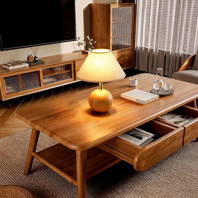 Wood Table Lamp for Bedroom, Flaxen Fabric Shade Small Desk Lamp for Living Room,Décor Ambient Bedside Lamps for Night Stands,LED Bulb (not Included)