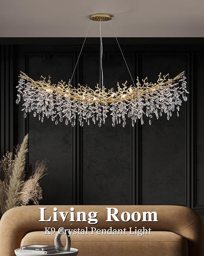 Modern Crystal Chandelier for Dining Room, 16-Light 63" Gold Tree Branch Chandeliers, Luxury K9 Crystal Rectangular Chandeliers for Kitchen Island Living Room