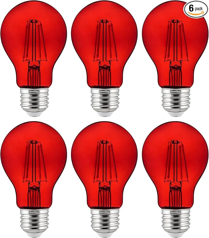 Sunlite 40943 LED Colored Filament A19 Light Bulb, 4.5 Watts, Medium E26 Base, 120 Volts, Transparent Red, Dimmable, 320 Degree Beam Angle, UL Listed, 6 Count
