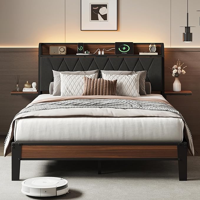 WLIVE Full Size Bed Frame with Headboard, Upholstered Bed Frame with 2 Storage Shelves, Platform Bed with LED Lights and Charging Station, 1500LBS Mattress Foundation, No Box Spring Needed, Black