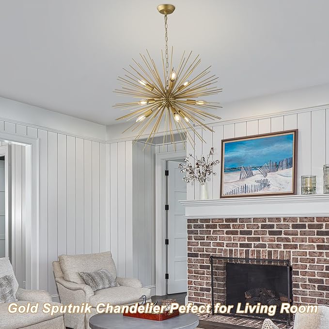 Modern 28.34" Golden Sputnik Chandelier Modern 9-Lights Geometric Starburst Chandelier Solid Metal Gold Sputnik Chandeliers for Dining Room, Kitchen, Bedroom, Living Room, E12