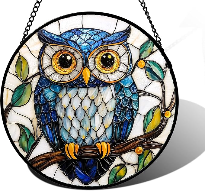 Stained Glass Window Hanging, Owl Gifts for Women Sun Catchers Diamond Glass Panel Hangings Birds Suncatcher Decor for Birthday for Women, Men, Wife, Aunt,and Mom 7.8X7.8IN