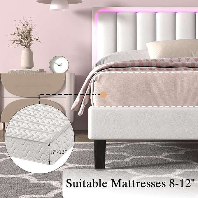Full Size Bed Frame with Headboard, Upholstered Bed Frame Full with LED Lights, Heavy Duty Wood Slats Support, Noise-Free, No Box Spring Needed, Easy Assembly, White