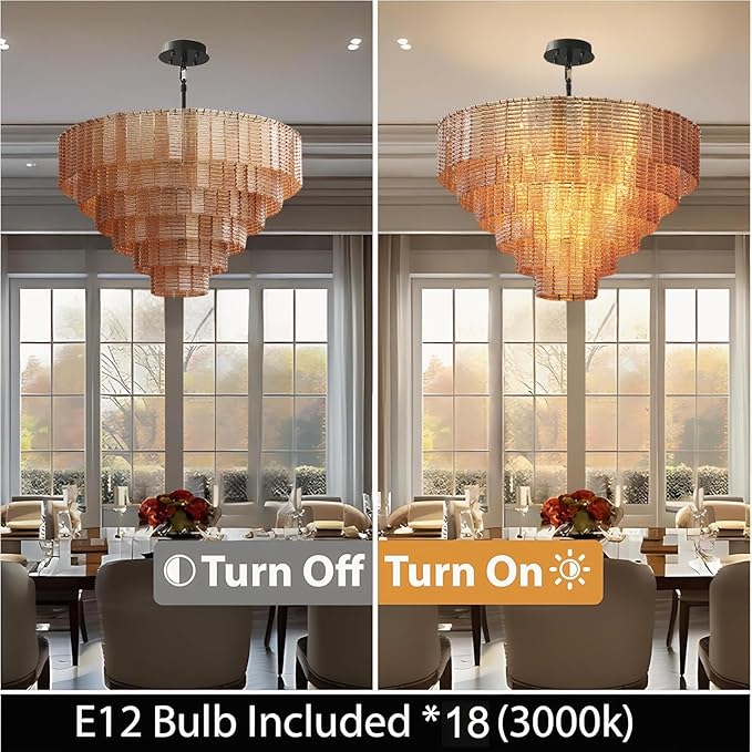 41" Extra Large Chandelier, 18-Light Black Round Chandeliers for Dining Room, Amber Glass Linear Chandelier, Hanging Light Fixture Perfect for Dining Room, Entryway, Foyer, Bedroom & Kitchen