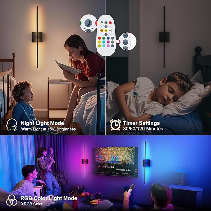 28.3 Inch 9 RGB Color Battery Operated Wireless Wall Sconces Set of Two, with Remote, Dimmable, Warm/Natural White/Daylight, Rotatable, LED Wall Light for Living Room, Bedroom, Black