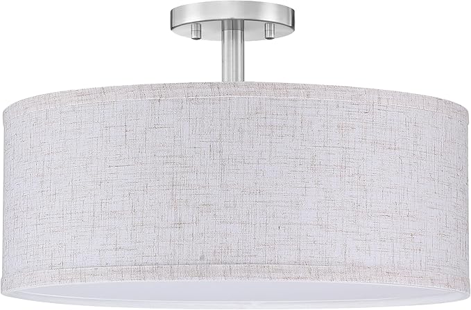 LED 24W Adjustable 3000/4000/5000K 18 Inch Drum Lenin Fabric Brushed Nickel Semi Flush Mount Close to Ceiling Light Fixture for Bedroom,Living Room,Dining Room Hallway