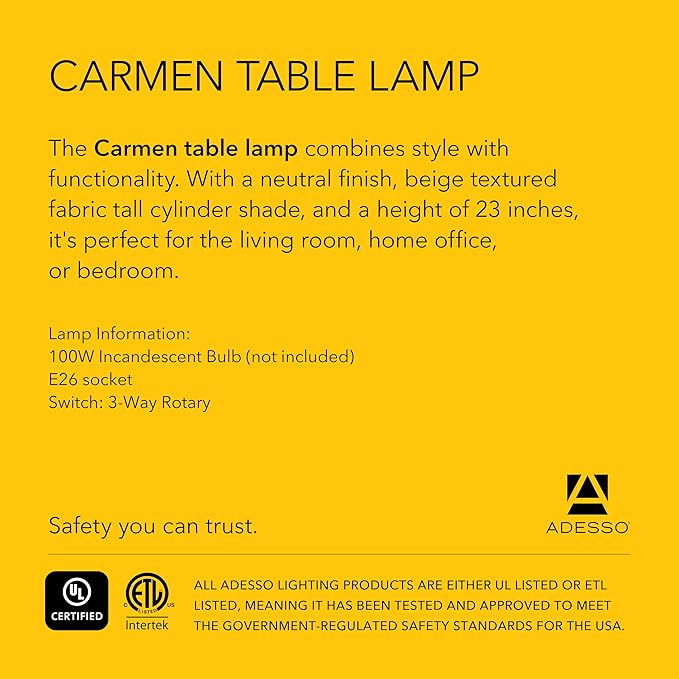 Adesso Table Lamp with Antique Bronze and Walnut Base, Beige Fabric Lampshade – 3-Way Adjustable Brightness, Bedside Table, Home Office Lighting or Living Room Decor, 23” x 8”