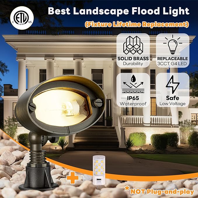 Gardenreet Brass Wall Wash Lights - LED Outdoor Low Voltage Flood Lights, Landscape 12V Hardwired IP65 Waterproof Bronze for Tree Garden with 3W 270LM Adjustable Warm & Neutral White G4 Bulb 12 Pack