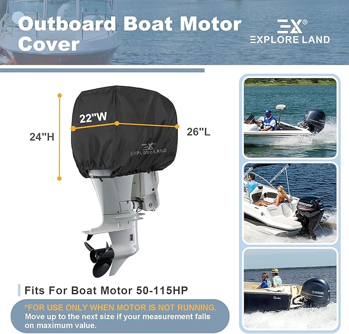 Explore Land Outboard Motor Cover - Waterproof 600D Heavy Duty Boat Engine Hood Covers - Fit for Motor 50-115 HP, Black